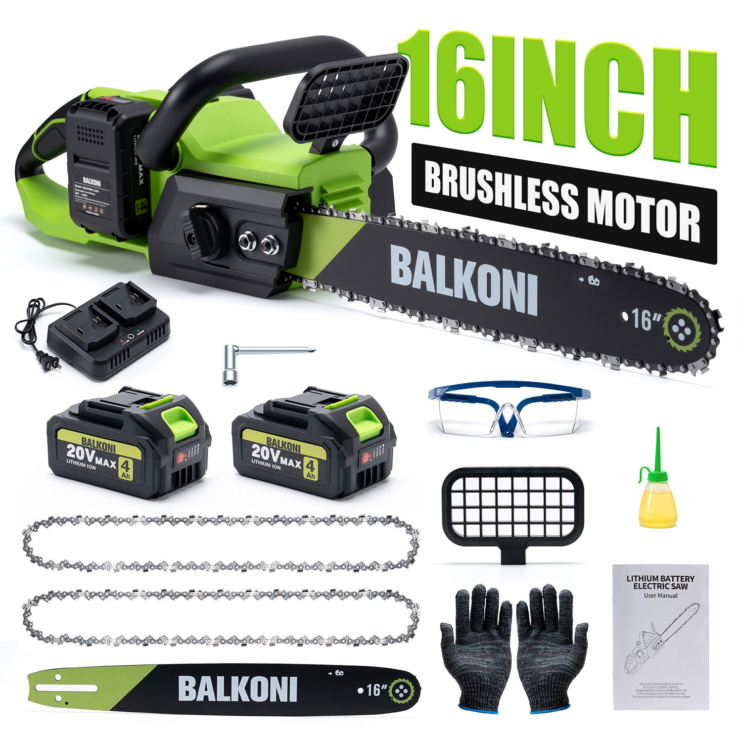 BALKONI 20V 16-Inch Brushless Cordless Chainsaw Kit 2 Batteries - Photo 3 yellow black industrial tools