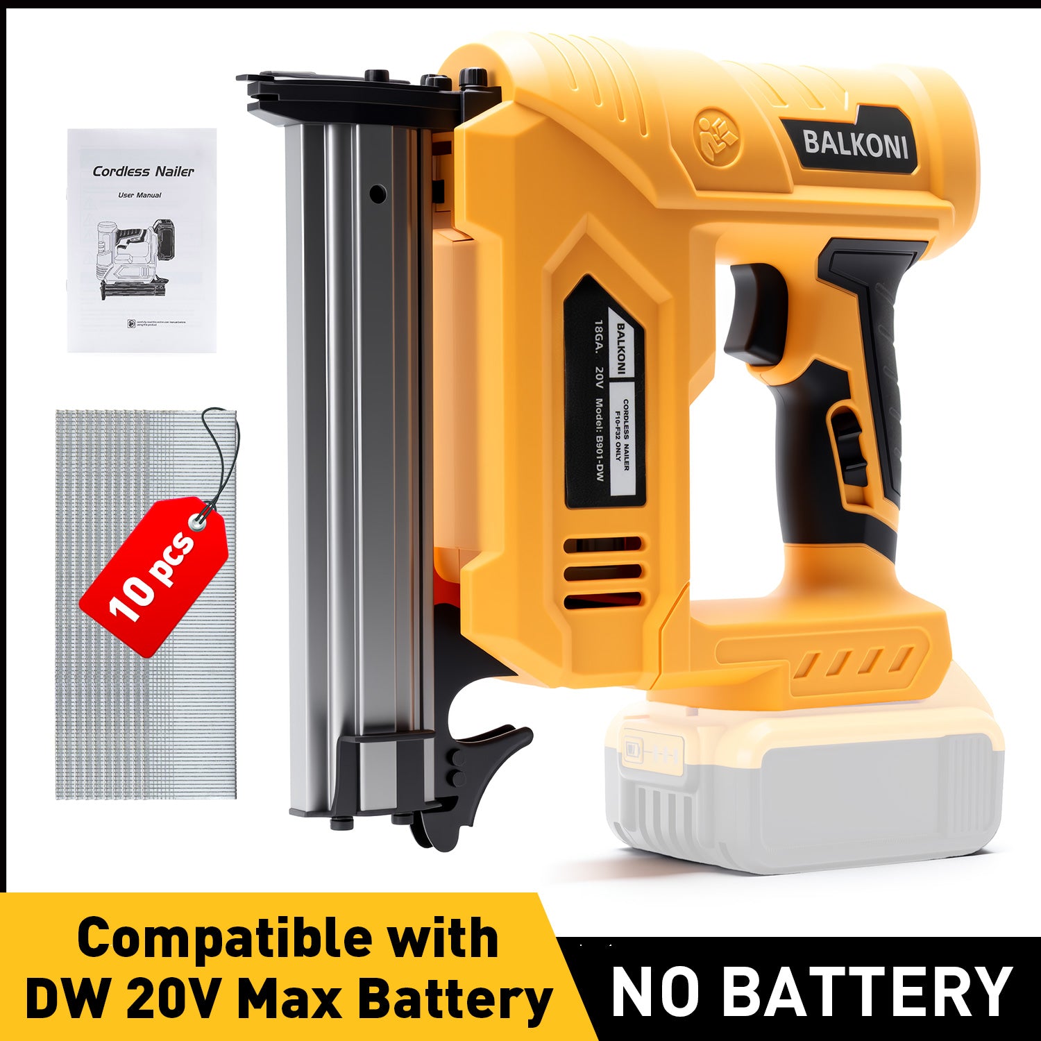 BALKONI 20V 18 Gauge Cordless Brad Nailer Bare Tool DeWalt Compatible - Photo 1 yellow black industrial tools