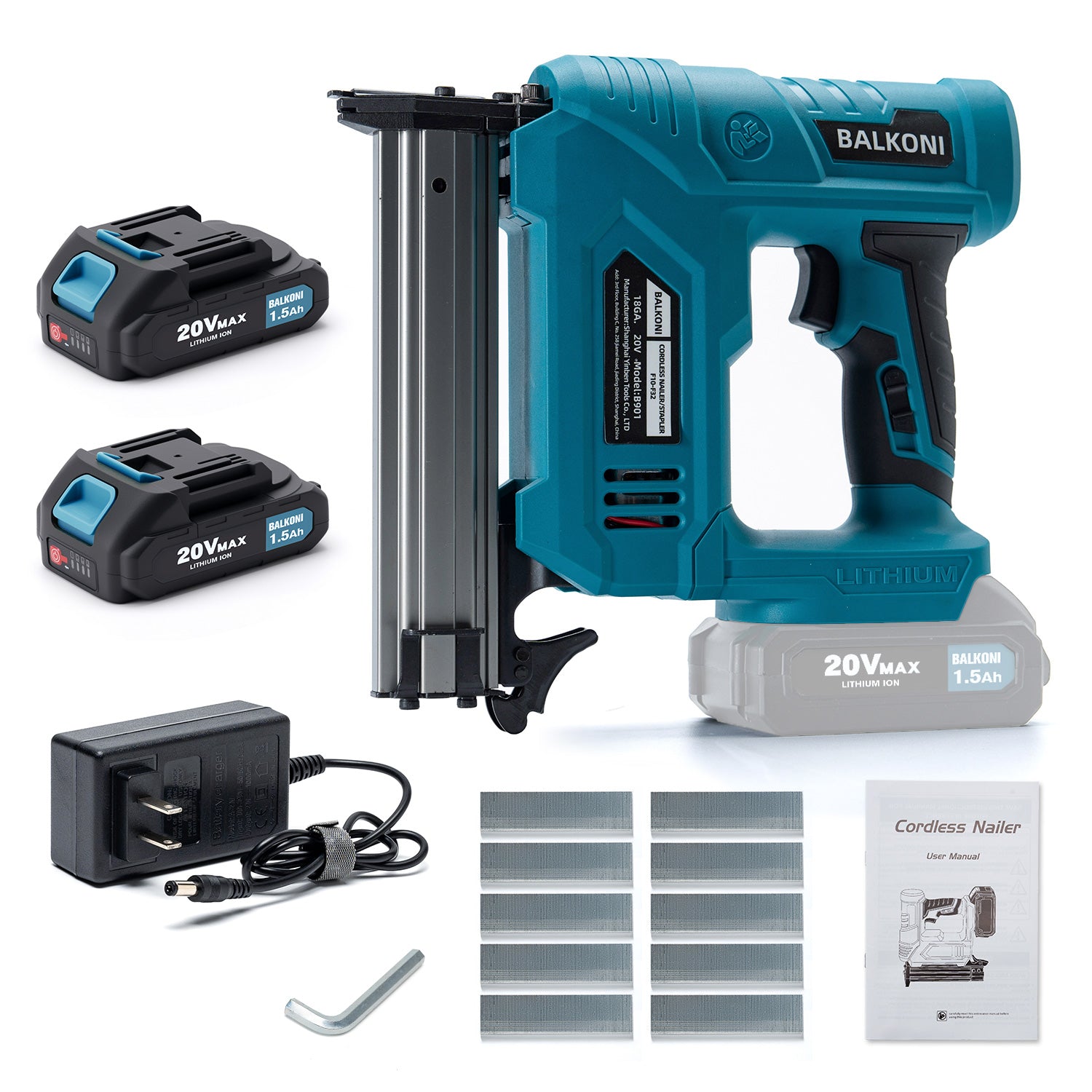 BALKONI 20V 18 Gauge Cordless Brad Nailer Kit F32 - Photo 12 yellow black industrial tools
