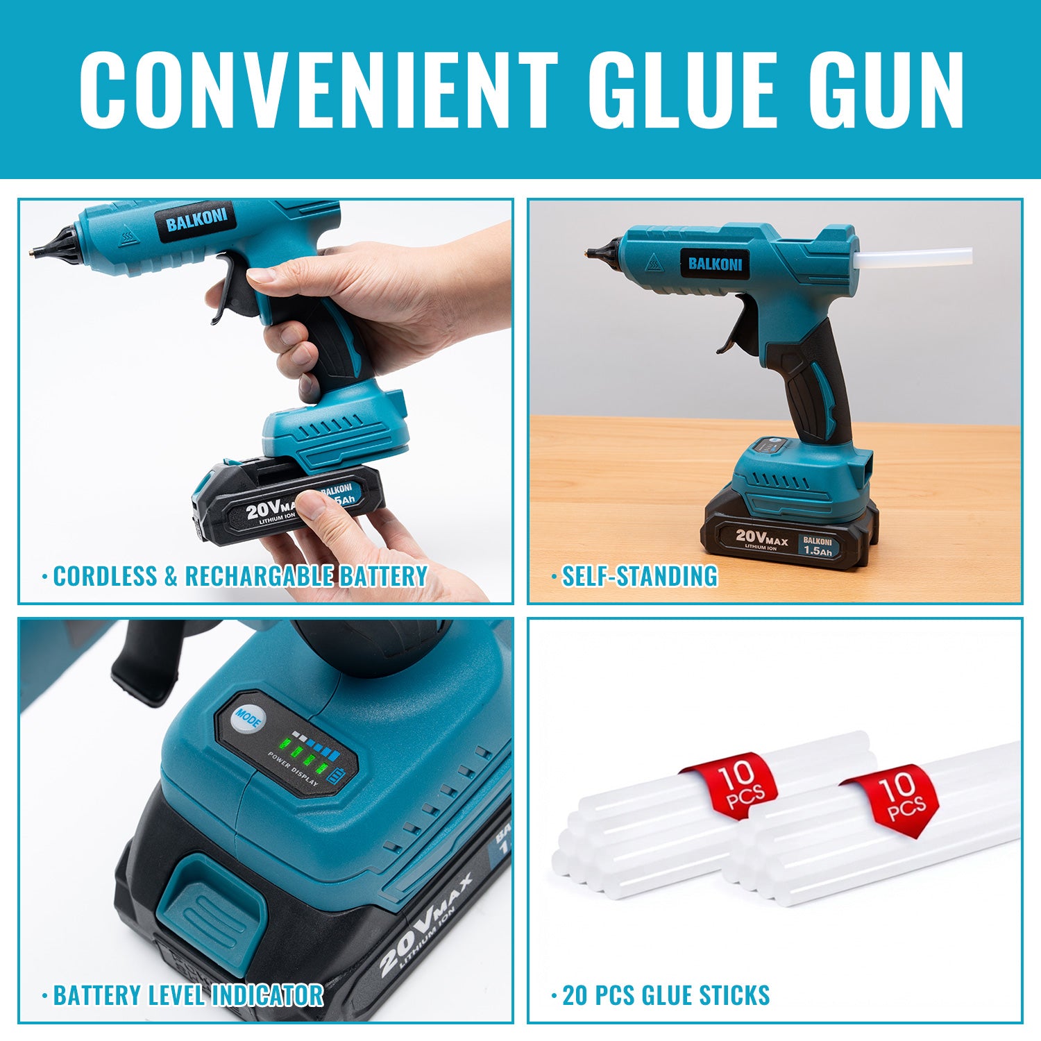 BALKONI 20V Cordless Hot Glue Gun Kit Fast Heating - Photo 3 yellow black industrial tools