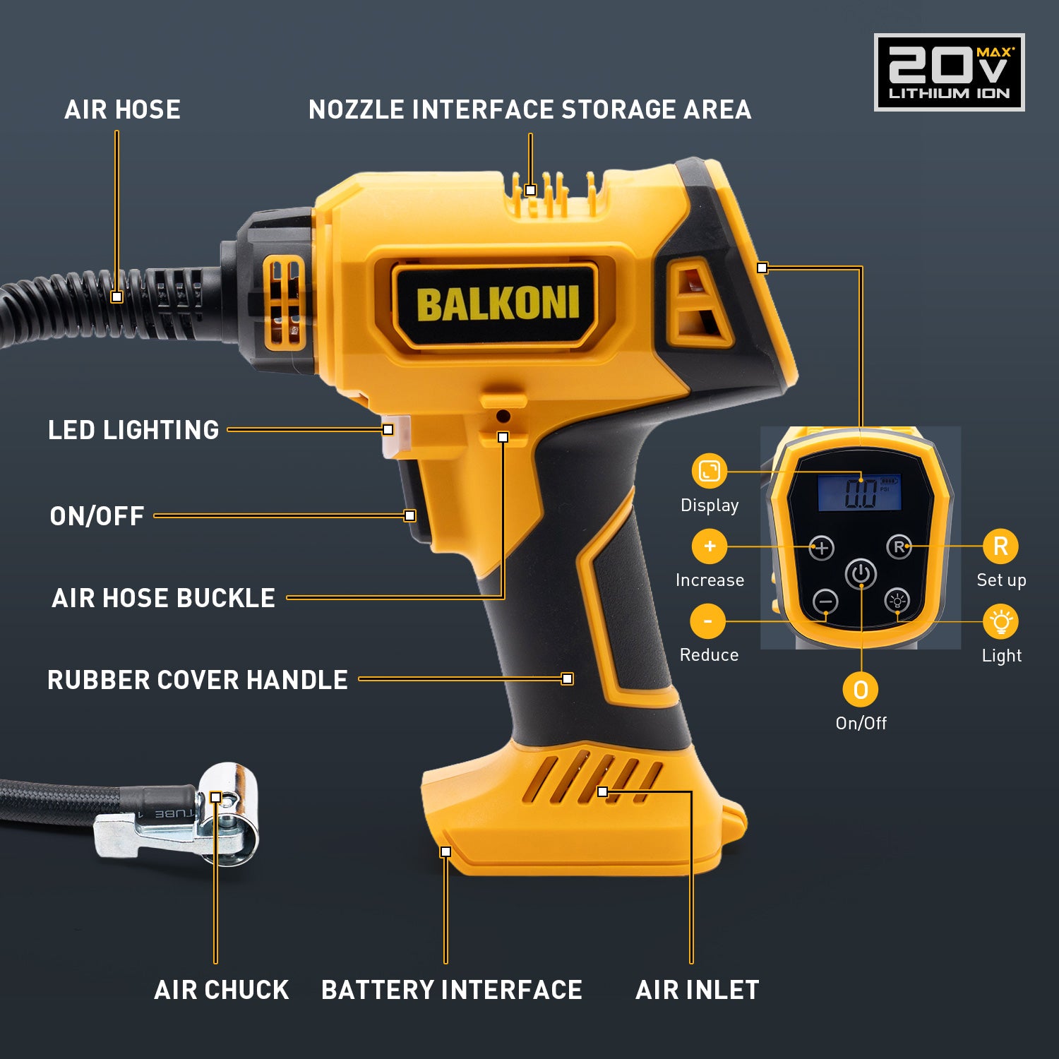 BALKONI 20V Cordless Tire Inflator Bare Tool DeWalt Compatible - Photo 5 yellow black industrial tools