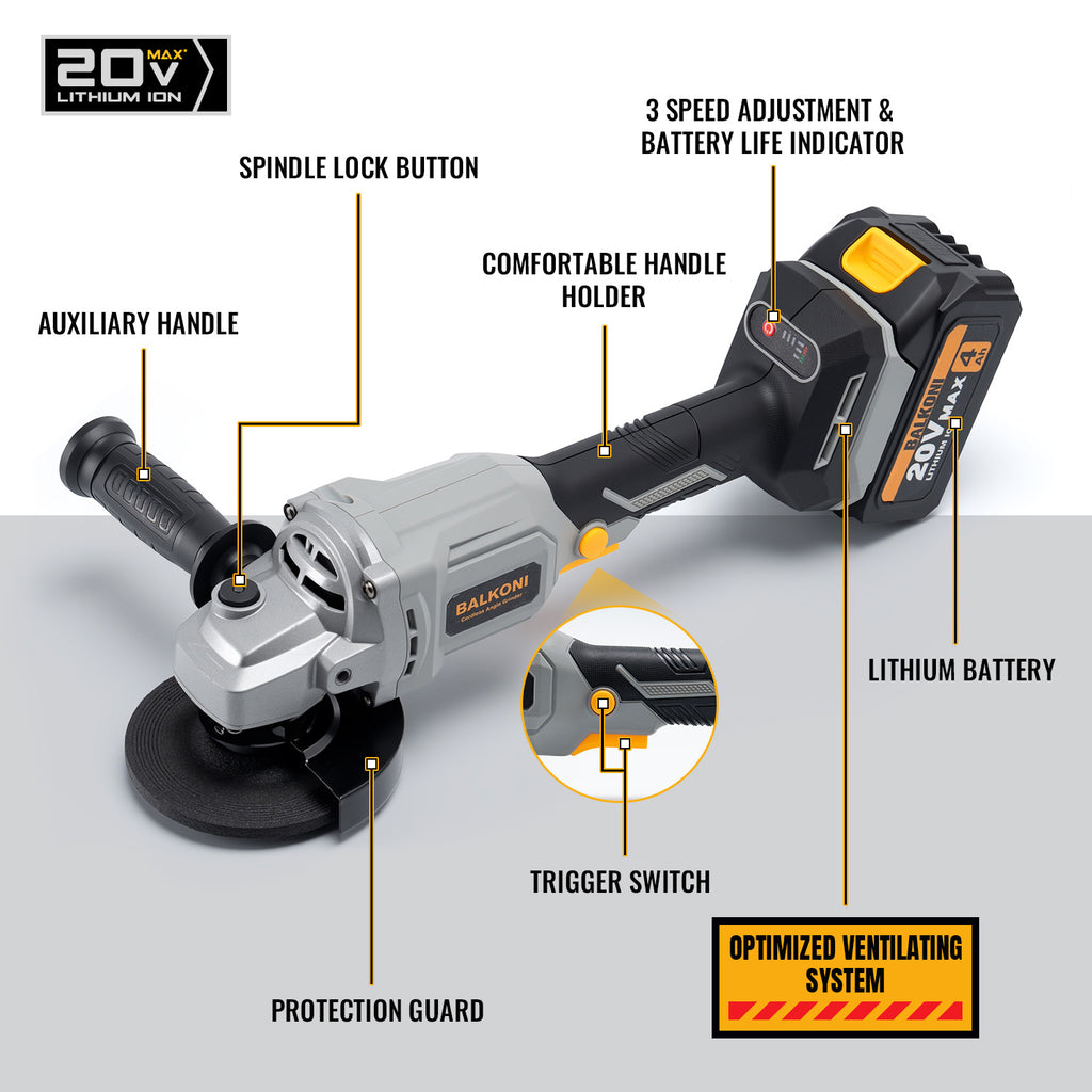BALKONI 20V Brushless Angle Grinder Set 9000 RPM Kit - Photo 8 yellow black industrial tools
