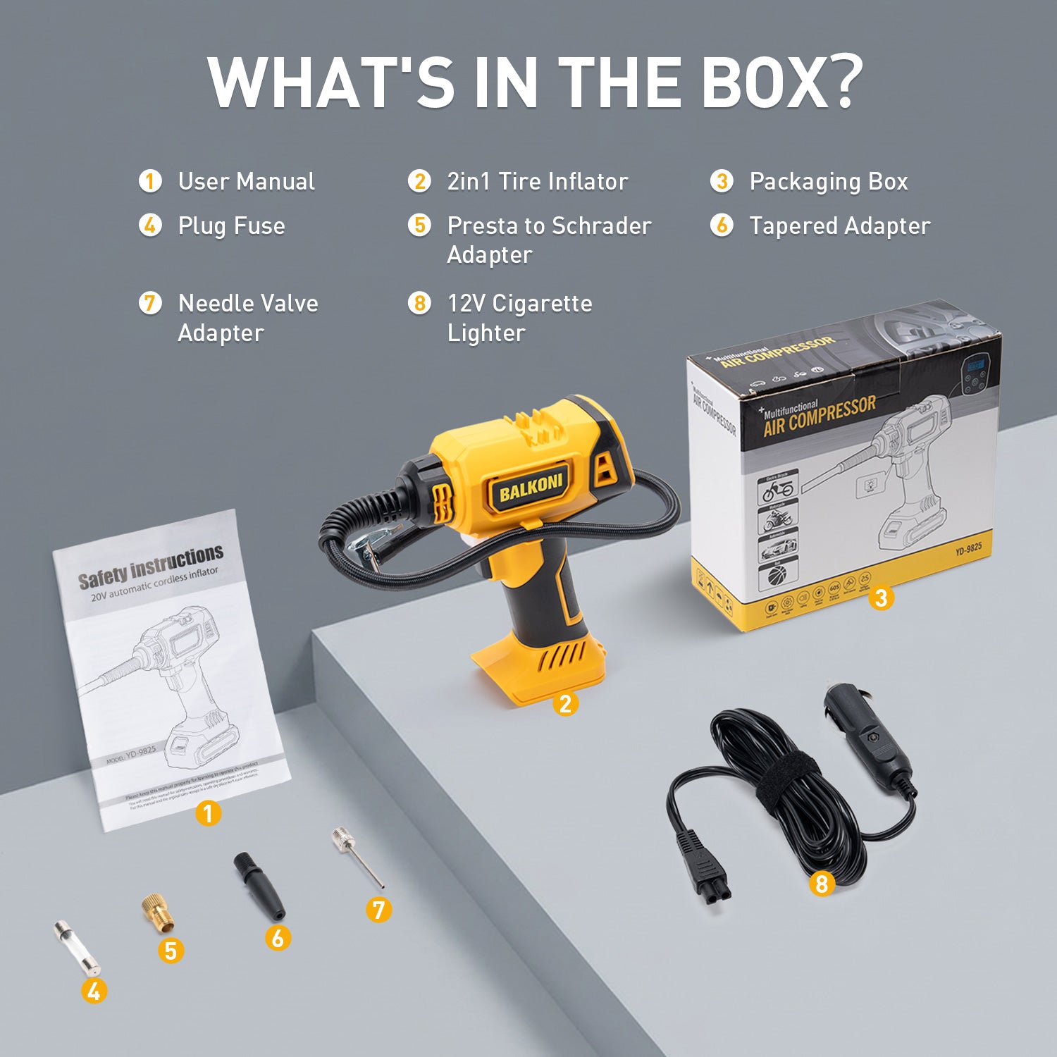 BALKONI 20V Cordless Tire Inflator Bare Tool DeWalt Compatible - Photo 3 yellow black industrial tools