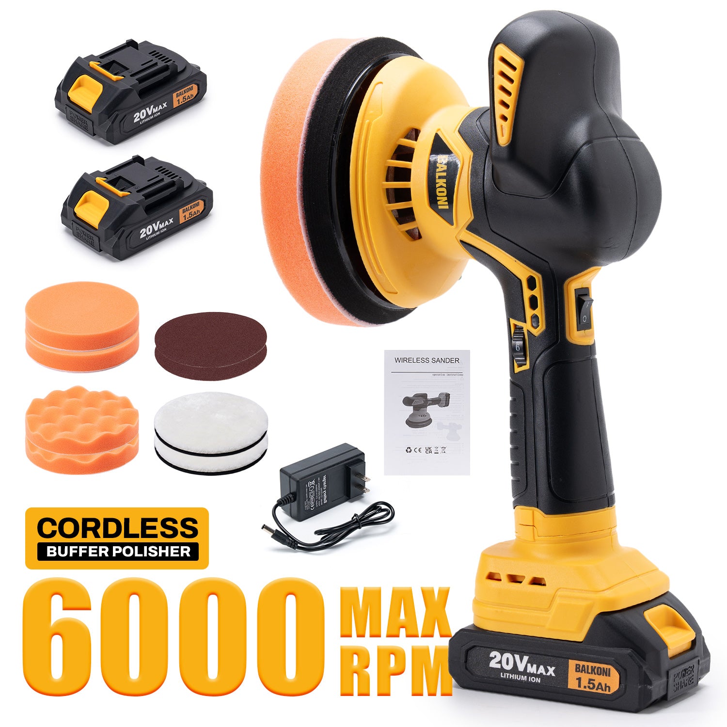 BALKONI 20V Cordless Car Buffer Polisher Kit 6 Speeds - Photo 1 yellow black industrial tools