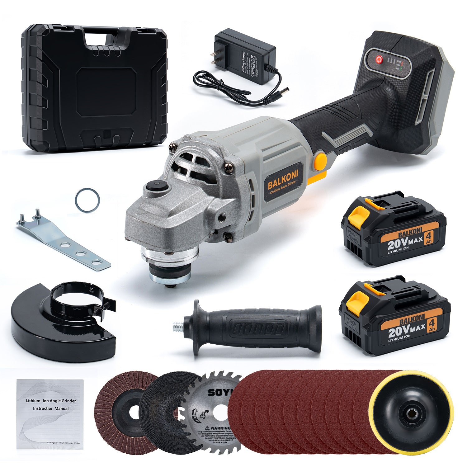 BALKONI 20V Brushless Angle Grinder Set 9000 RPM Kit - Photo 10 yellow black industrial tools