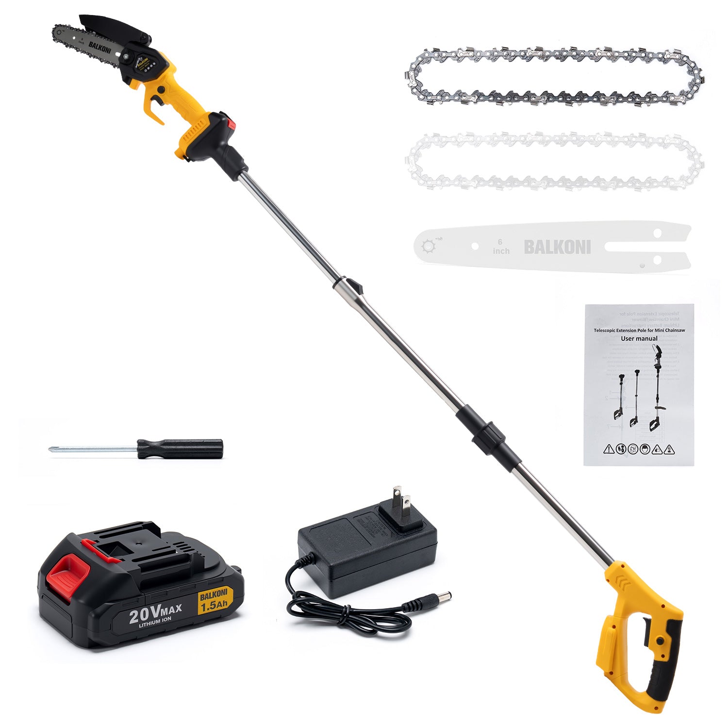 BALKONI 2-in-1 Cordless Pole Saw & Mini Chainsaw Combo Telescopic - Photo 11 yellow black industrial tools