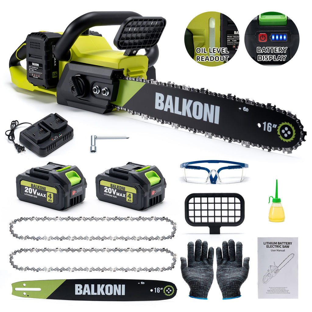 BALKONI 20V 16-Inch Brushless Cordless Chainsaw Kit 2 Batteries - Photo 1 yellow black industrial tools