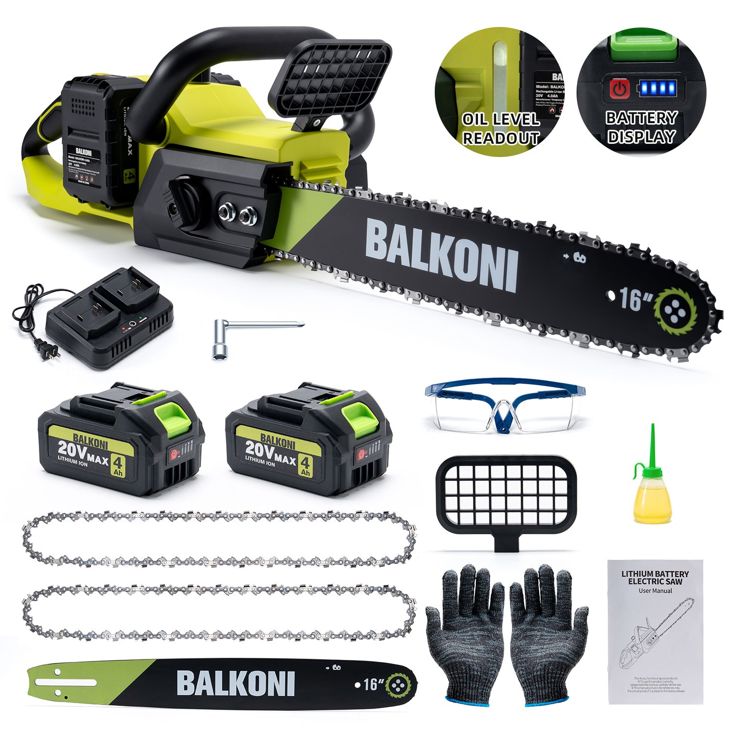 BALKONI 20V 16-Inch Brushless Cordless Chainsaw Kit 2 Batteries - Photo 1 yellow black industrial tools