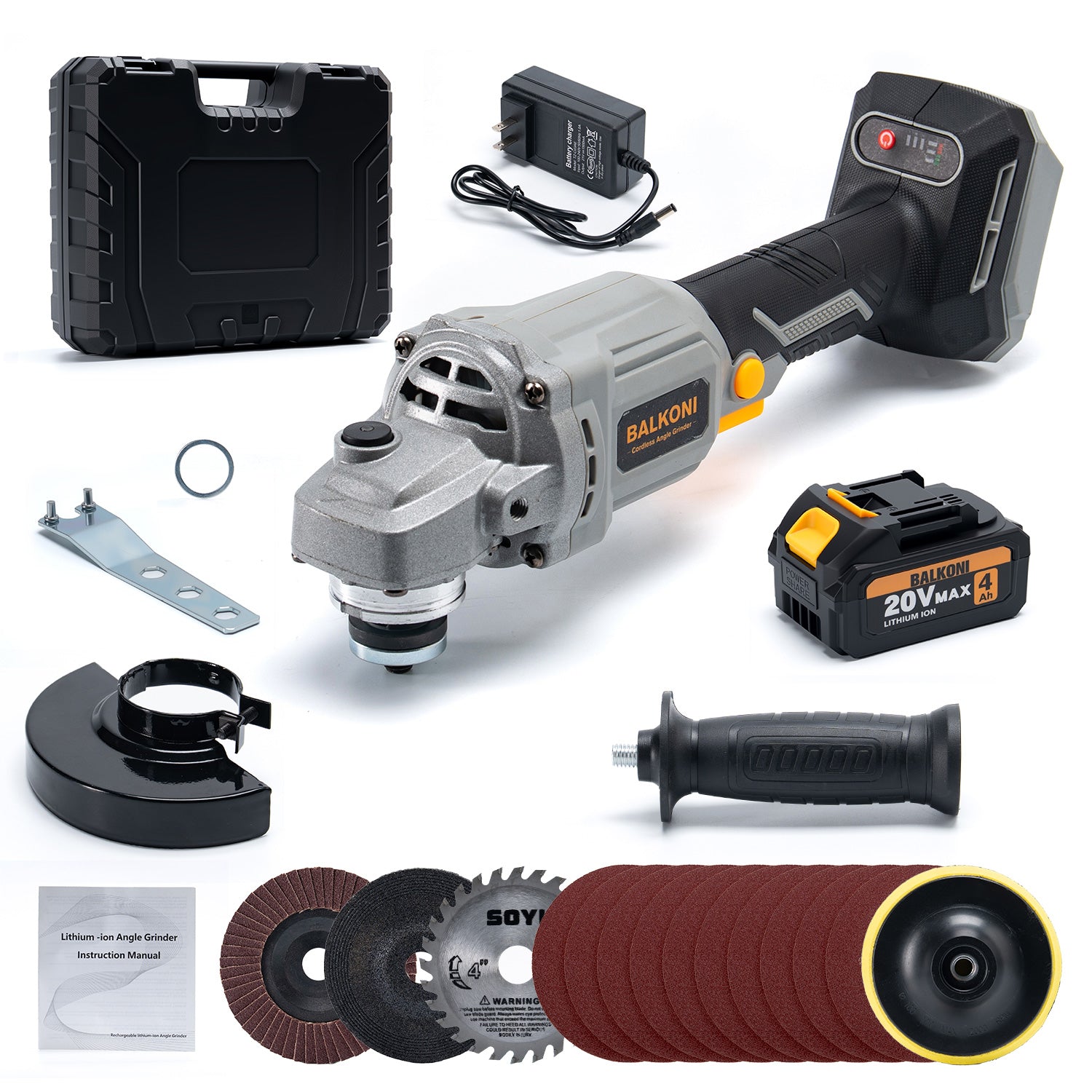 BALKONI 20V Brushless Angle Grinder Set 9000 RPM Kit - Photo 11 yellow black industrial tools