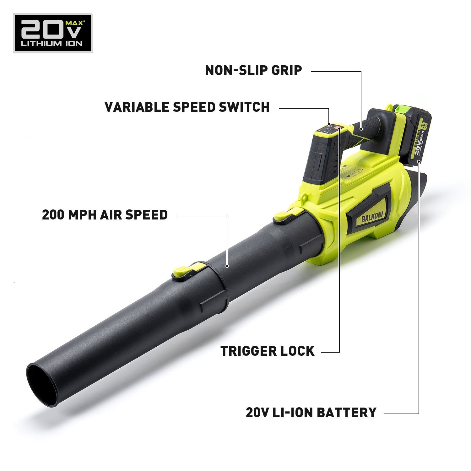 BALKONI 20V Brushless Cordless Leaf Blower Kit 800CFM - Photo 2 yellow black industrial tools