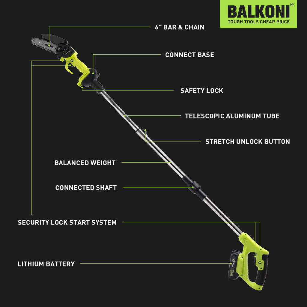 BALKONI 2-in-1 Cordless Pole Saw & Mini Chainsaw Combo Telescopic - Photo 9 yellow black industrial tools