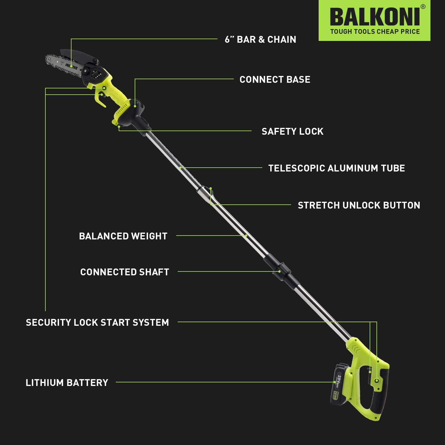 BALKONI 2-in-1 Cordless Pole Saw & Mini Chainsaw Combo Telescopic - Photo 9 yellow black industrial tools