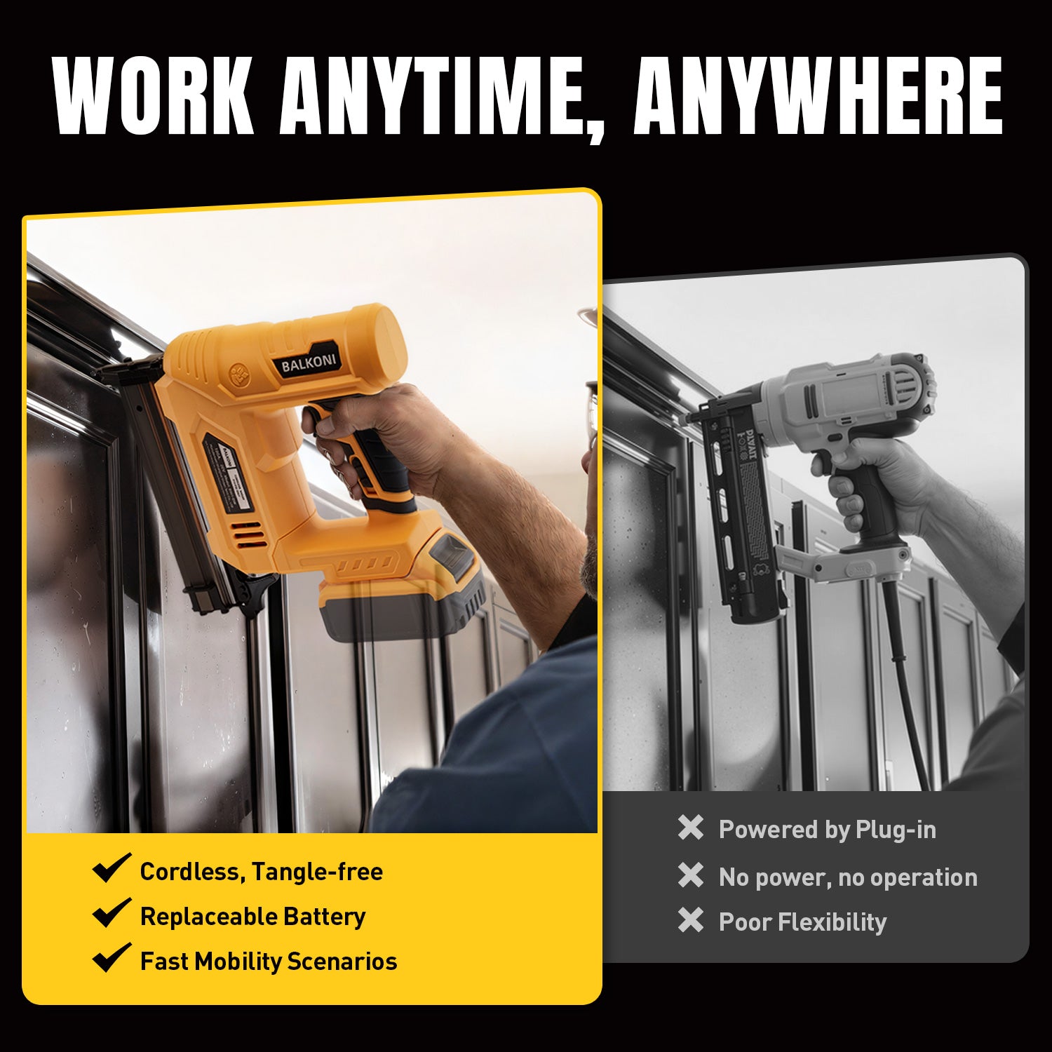 BALKONI 20V 18 Gauge Cordless Brad Nailer Bare Tool DeWalt Compatible - Photo 9 yellow black industrial tools