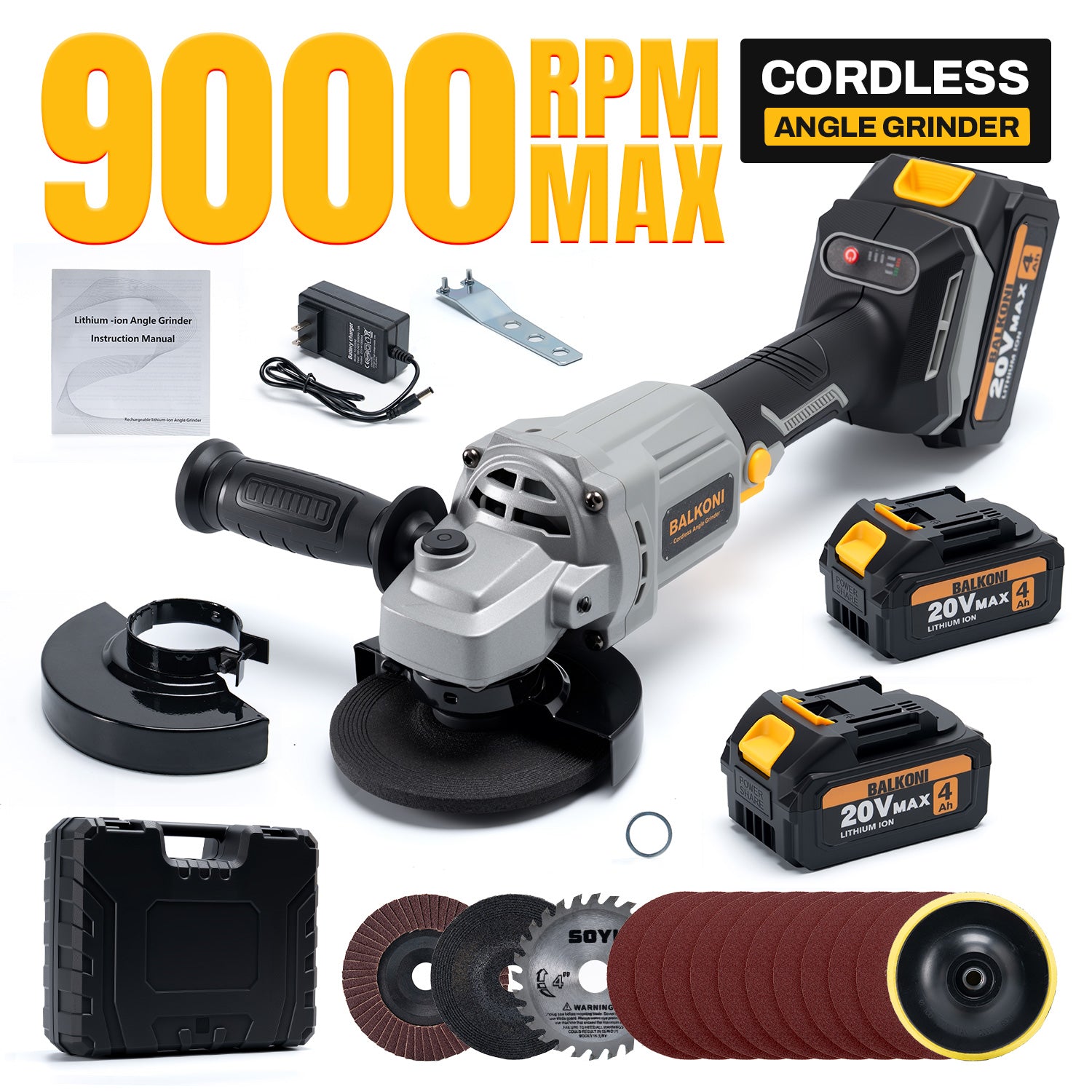 BALKONI 20V Brushless Angle Grinder Set 9000 RPM Kit - Photo 1 yellow black industrial tools