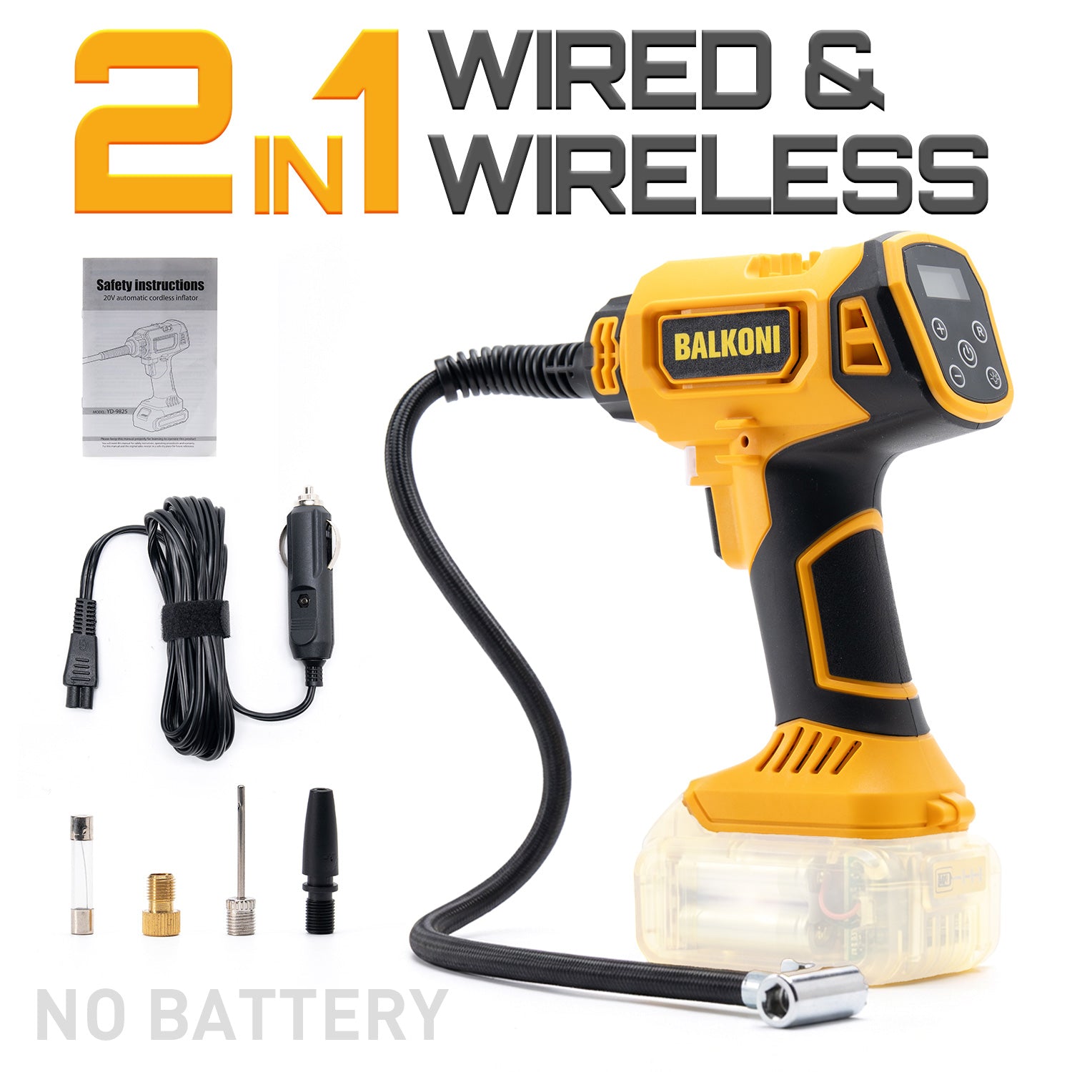 BALKONI 20V Cordless Tire Inflator Bare Tool DeWalt Compatible - Photo 1 yellow black industrial tools