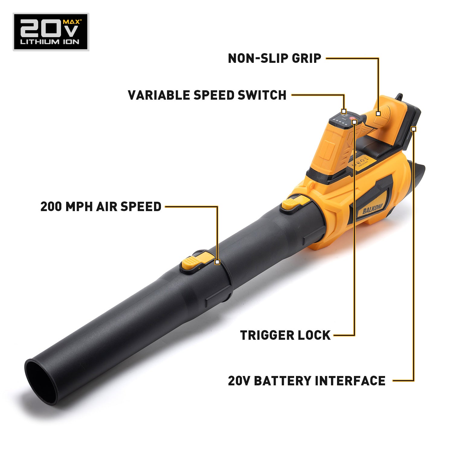 BALKONI 20V High-Power Cordless Leaf Blower Bare Tool DeWalt Compatible - Photo 2 yellow black industrial tools