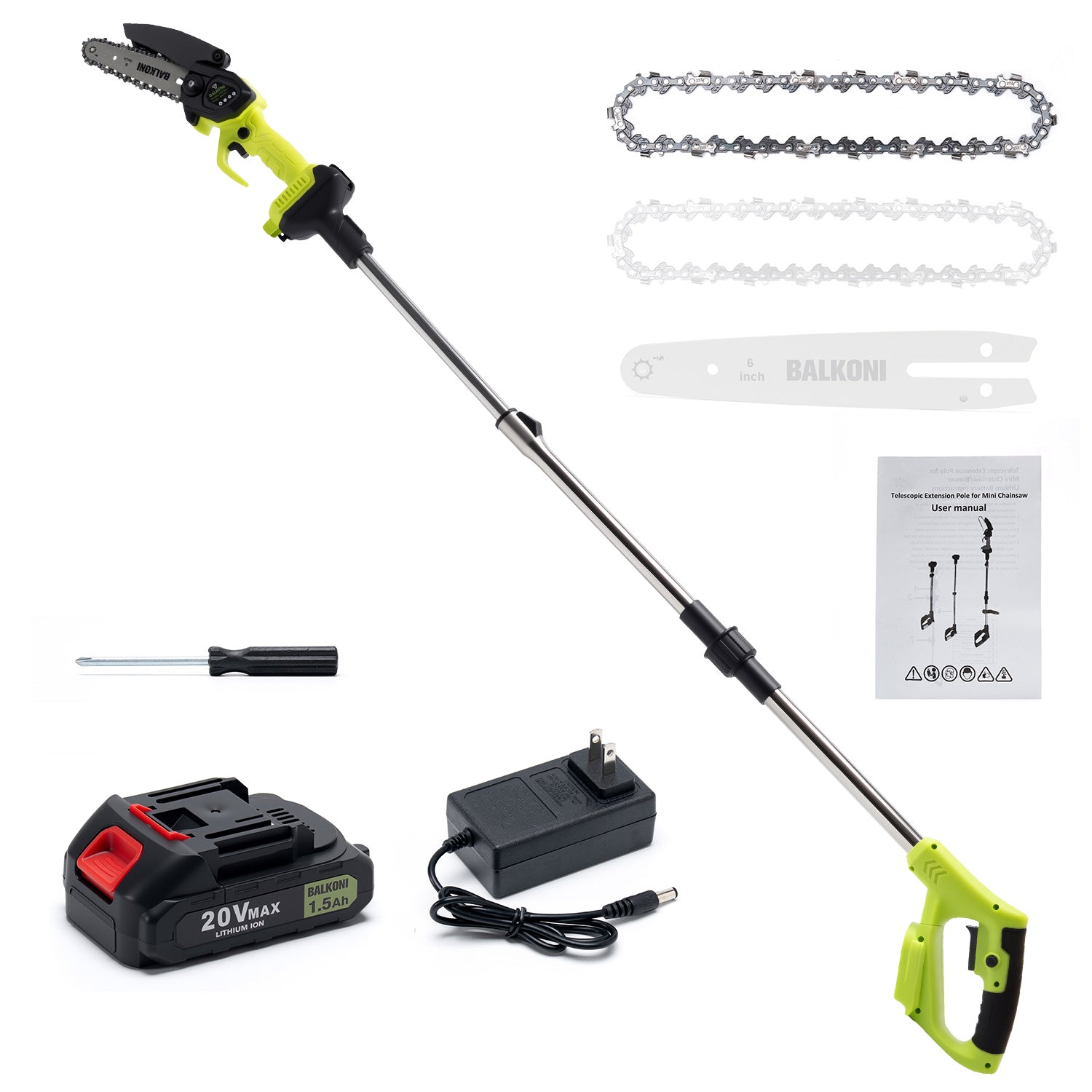 BALKONI 2-in-1 Cordless Pole Saw & Mini Chainsaw Combo Telescopic - Photo 13 yellow black industrial tools