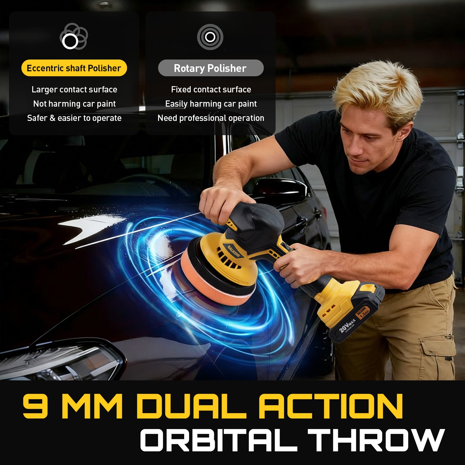 BALKONI 20V Cordless Car Buffer Polisher Kit 6 Speeds - Photo 5 yellow black industrial tools
