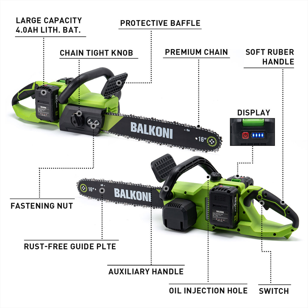 BALKONI 20V 16-Inch Brushless Cordless Chainsaw Kit 2 Batteries - Photo 6 yellow black industrial tools