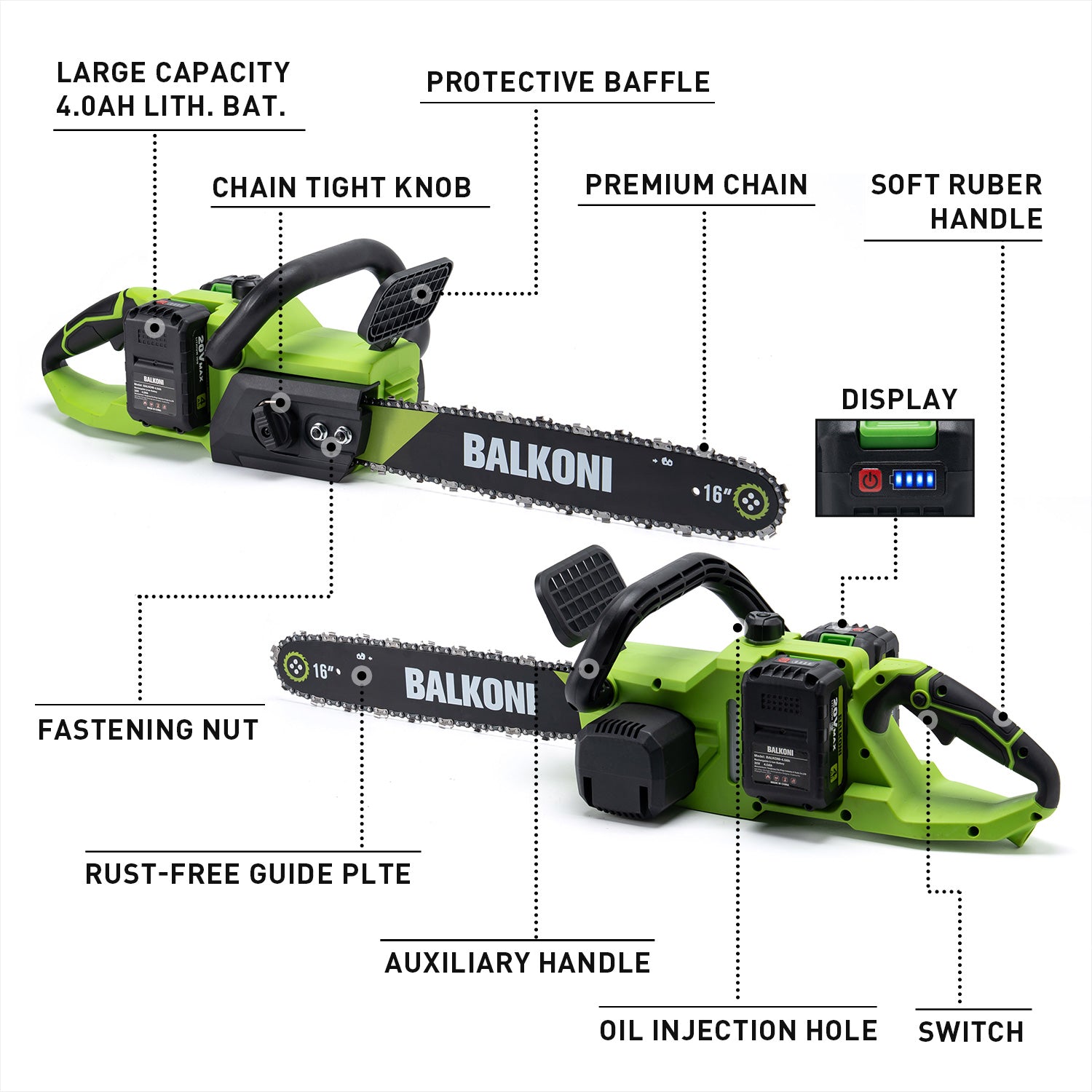 BALKONI 20V 16-Inch Brushless Cordless Chainsaw Kit 2 Batteries - Photo 6 yellow black industrial tools