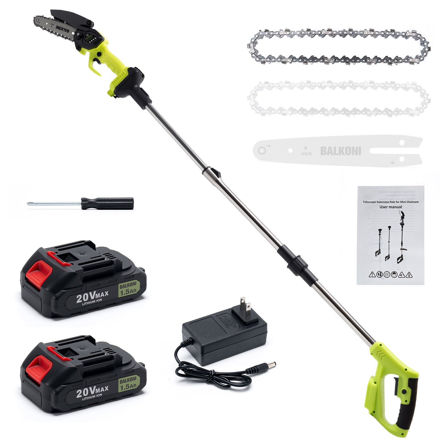 BALKONI 2-in-1 Cordless Pole Saw & Mini Chainsaw Combo Telescopic - Photo 12 yellow black industrial tools
