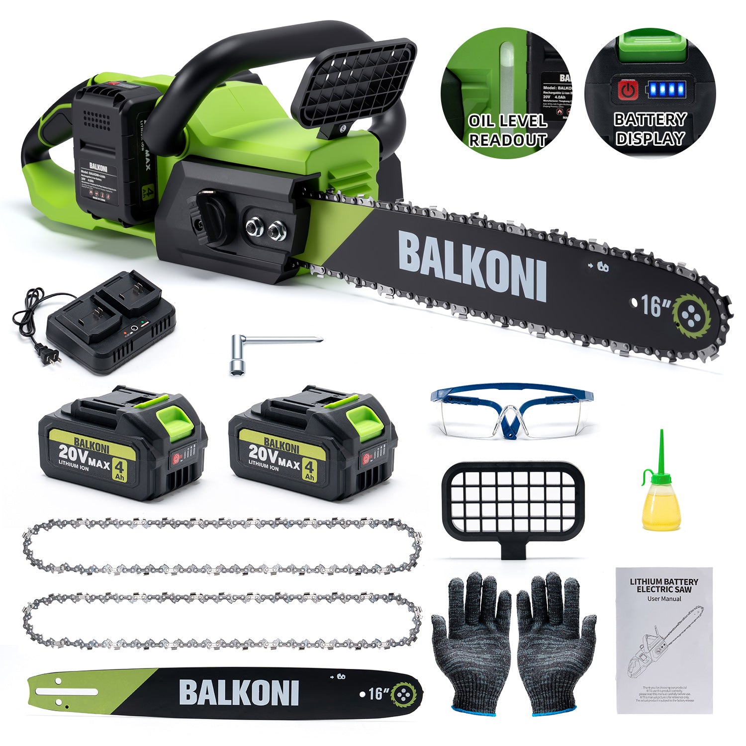 BALKONI 20V 16-Inch Brushless Cordless Chainsaw Kit 2 Batteries - Photo 2 yellow black industrial tools
