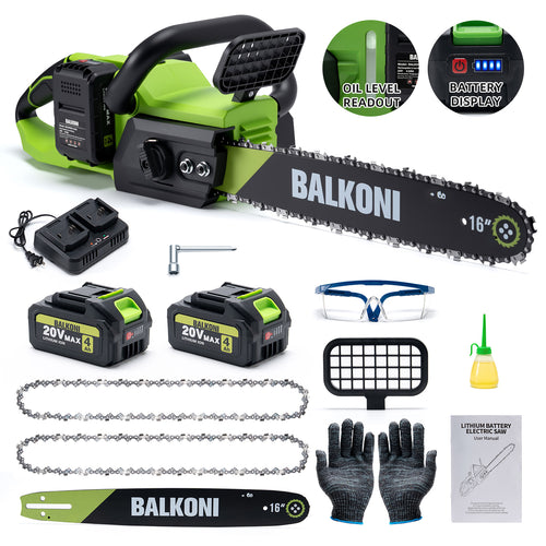 BALKONI 20V 16-Inch Brushless Cordless Chainsaw Kit 2 Batteries - Photo 2 yellow black industrial tools