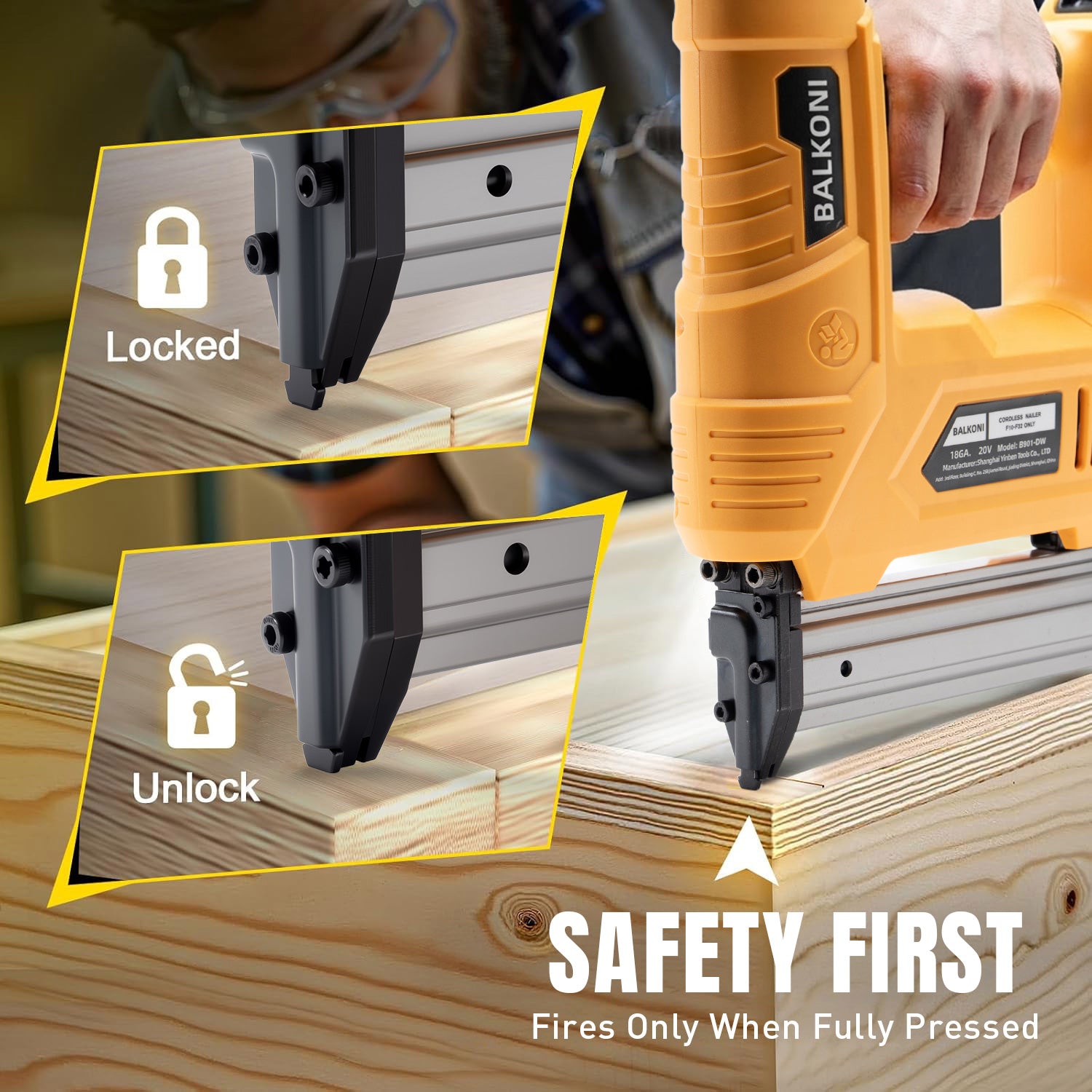 BALKONI 20V 18 Gauge Cordless Brad Nailer Bare Tool DeWalt Compatible - Photo 5 yellow black industrial tools