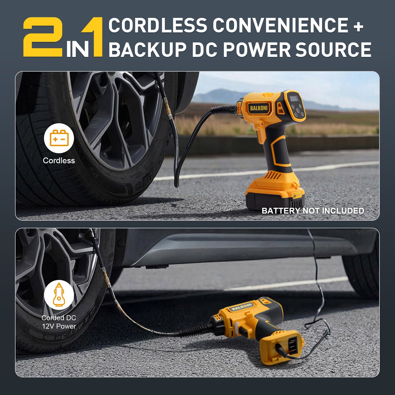 BALKONI 20V Cordless Tire Inflator Bare Tool DeWalt Compatible - Photo 10 yellow black industrial tools