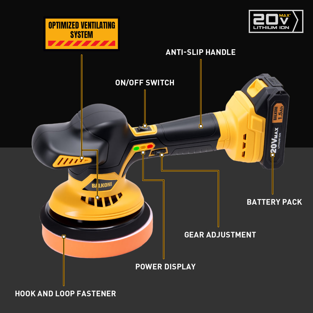 BALKONI 20V Cordless Car Buffer Polisher Kit 6 Speeds - Photo 6 yellow black industrial tools