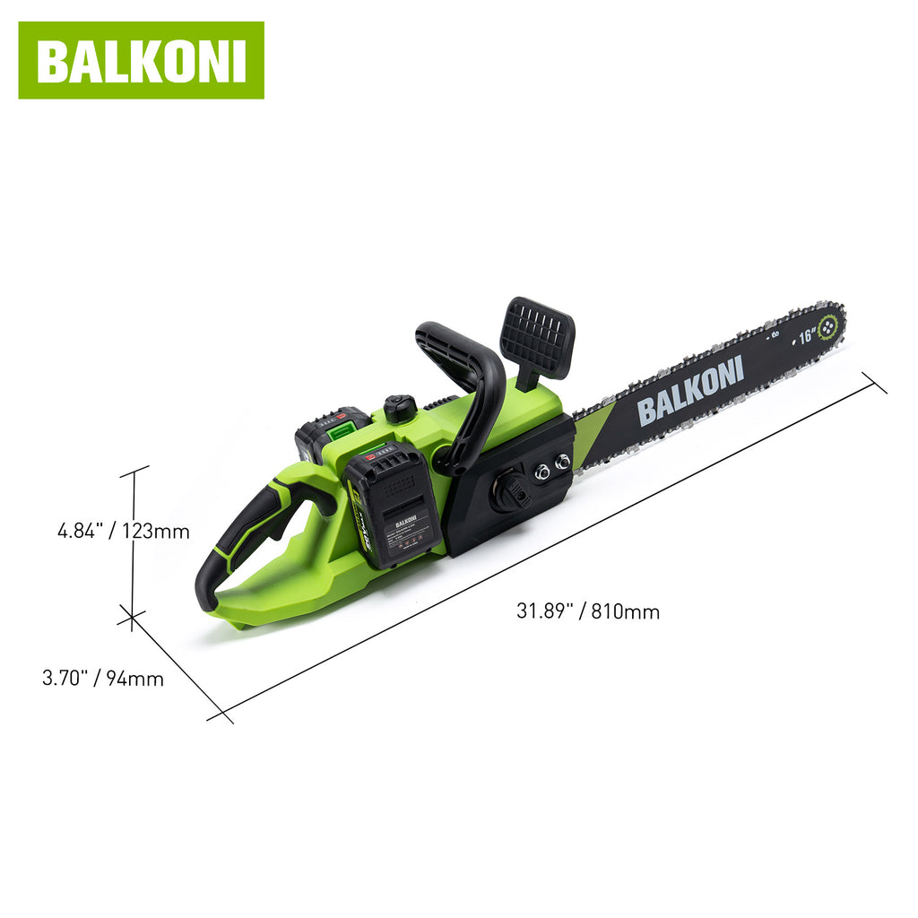 BALKONI 20V 16-Inch Brushless Cordless Chainsaw Kit 2 Batteries - Photo 10 yellow black industrial tools