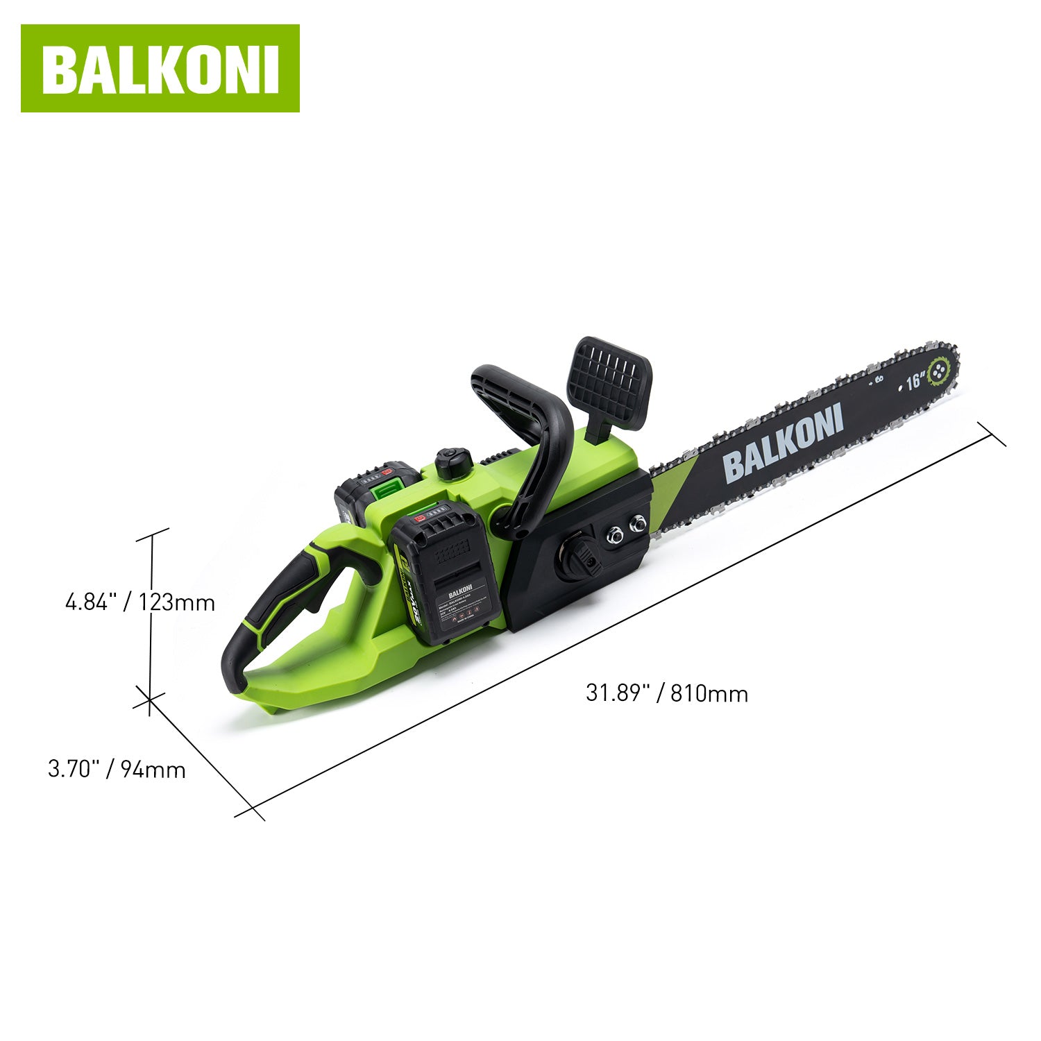 BALKONI 20V 16-Inch Brushless Cordless Chainsaw Kit 2 Batteries - Photo 10 yellow black industrial tools