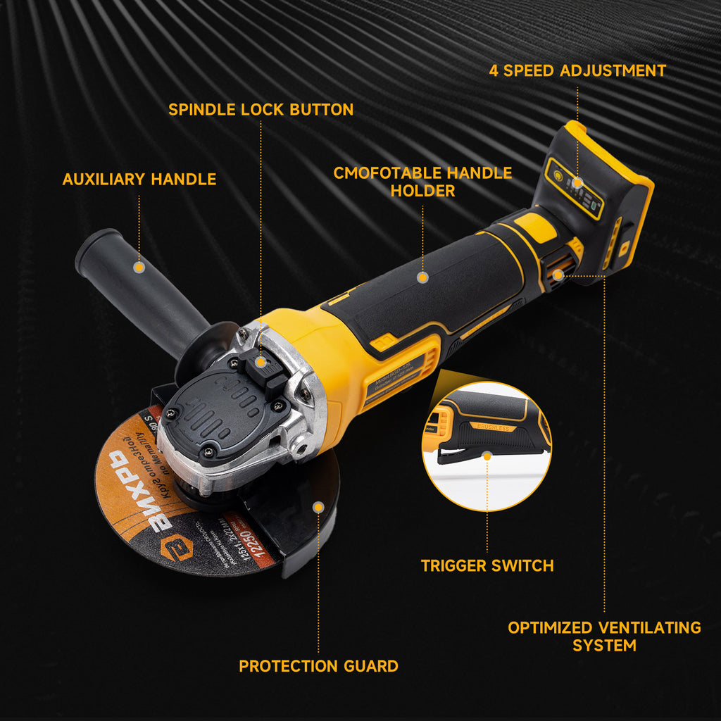 BALKONI 20V Brushless Cordless Angle Grinder Bare Tool DeWalt Compatible - Photo 7 yellow black industrial tools