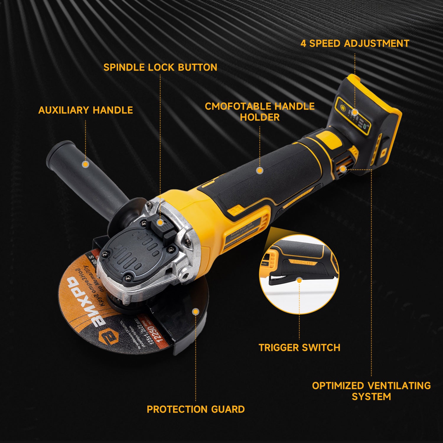 BALKONI 20V Brushless Cordless Angle Grinder Bare Tool DeWalt Compatible - Photo 7 yellow black industrial tools