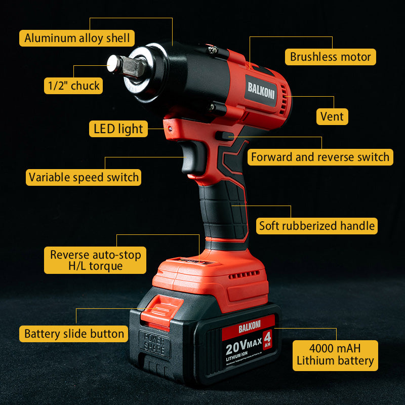 BALKONI 20V Cordless High-Torque Impact Wrench Kit 700Nm - Photo 8 yellow black industrial tools