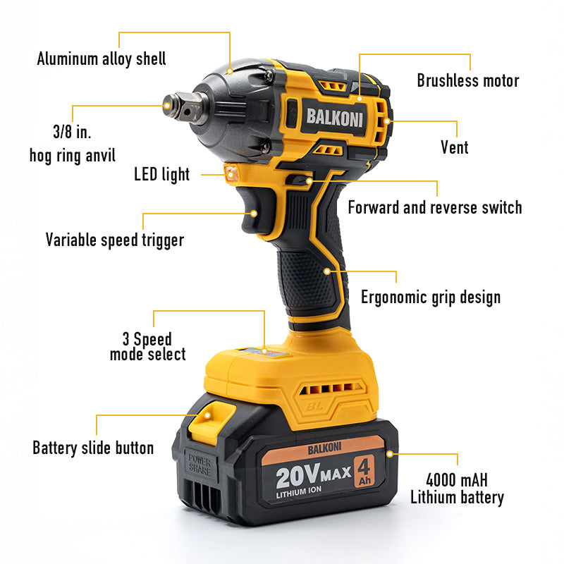 BALKONI 20V Cordless Electric Impact Wrench Kit 400Nm - Photo 10 yellow black industrial tools