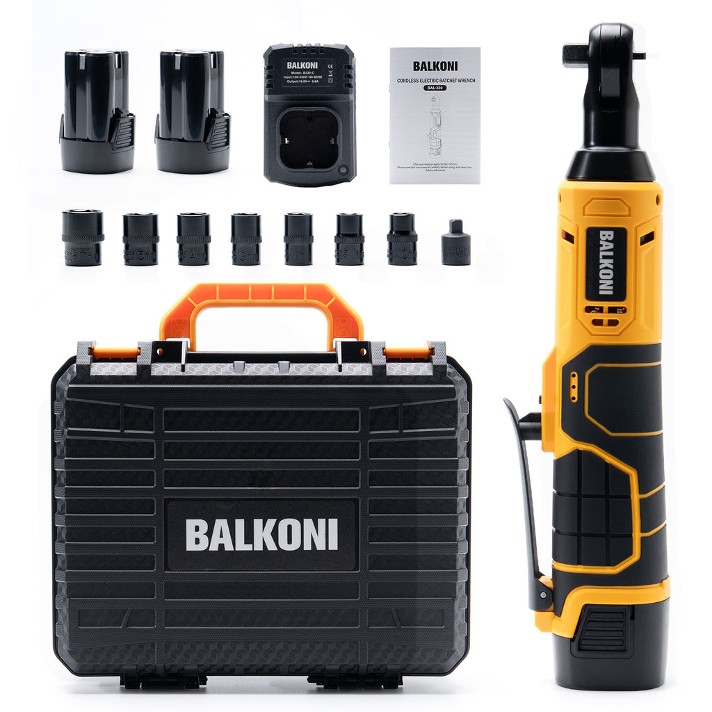 BALKONI 16.8V Cordless Electric Ratchet Wrench Kit 3/8 Drive - Photo 1 yellow black industrial tools