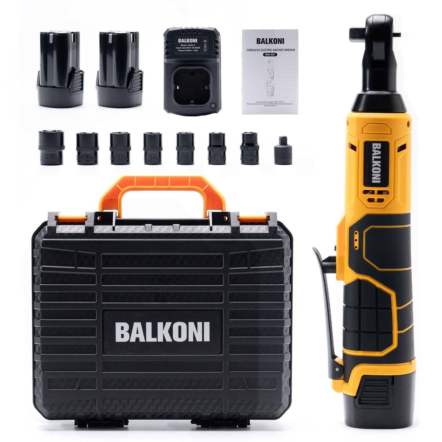 BALKONI 16.8V Cordless Electric Ratchet Wrench Kit 3/8 Drive - Photo 1 yellow black industrial tools