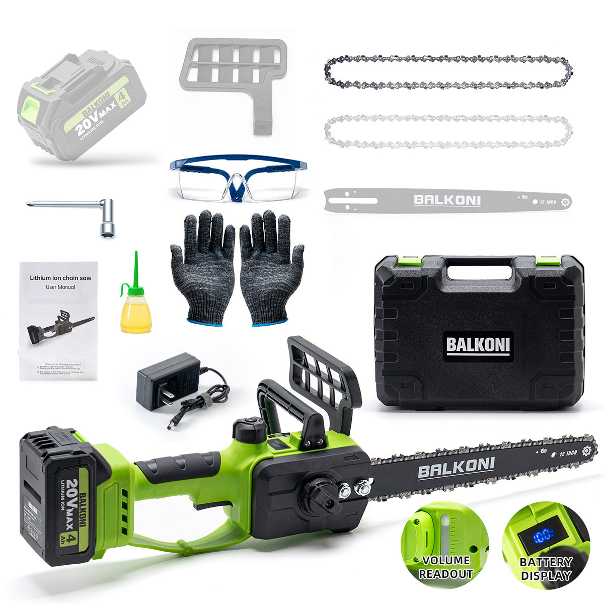 BALKONI 20V 12-Inch Brushless Cordless Chainsaw Kit - Photo 11 yellow black industrial tools