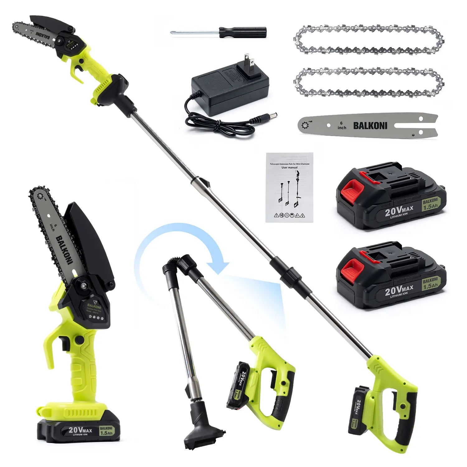 BALKONI 2-in-1 Cordless Pole Saw & Mini Chainsaw Combo Telescopic - Photo 1 yellow black industrial tools
